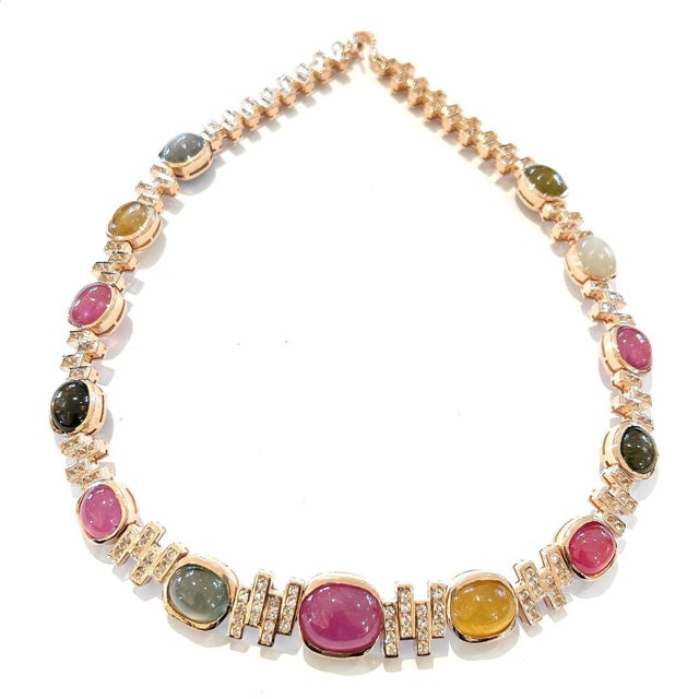 Art Deco Bochic “Capri” Red Ruby and Fancy Color Sapphire Necklace Set in 18K and Silver For Sale - Image 3 of 9