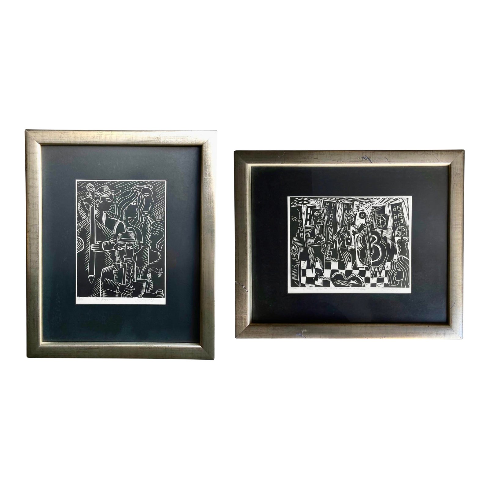Abstract Harlem Music Scene Original Frame Signed Prints, Pair | Chairish