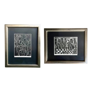 Abstract Harlem Music Scene Original Frame Signed Prints, Pair For Sale
