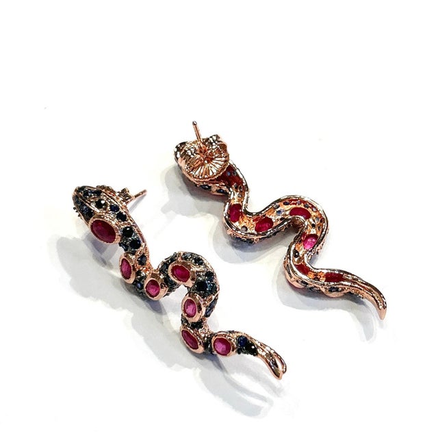 Bochic “Orient” Vintage Ruby & Sapphire Serpent Earrings Set 18K Gold & Silver For Sale - Image 12 of 15
