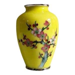 Mid 20th Century Japanese Yellow Glass Enamel Cloisonne Vase - 4.75”
