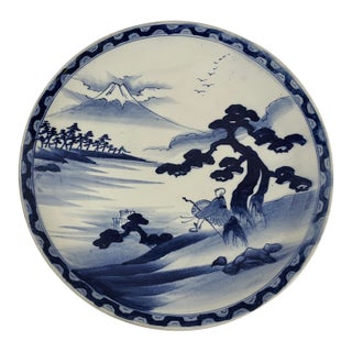 Early 20th Century Large 14.5" Blue and White Japanese Charger Mt Fuji For Sale
