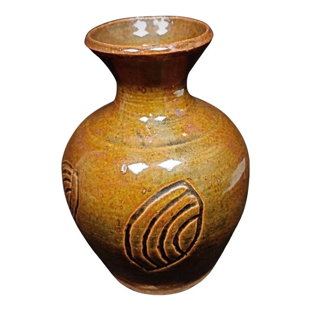 Early 20th Century Handcrafted Enameled Clay Vase - Signed P.M.E For Sale