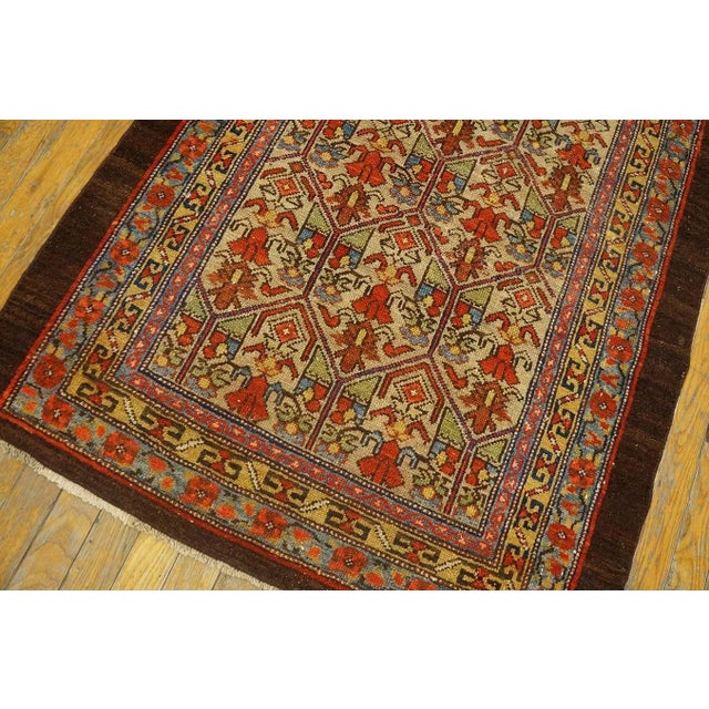Happy and Inviting Tan Background Rustic Tribal Geometric Grid Design Antique 19th Century Persian Serab / Malayer Scatter Rug For Sale In New York - Image 6 of 9
