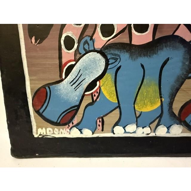 Late 20th Century Original "Mbomo" Tingatinga Painting - Authentic Tanzanian Folk Art, Enamel on Wrapped Canvas, 12" X 16" - Signed, Ready to Hang For Sale - Image 5 of 16