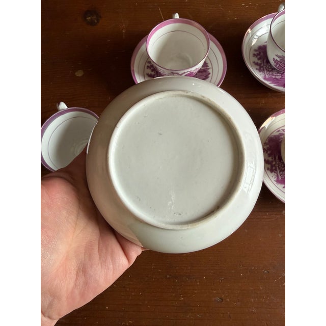 Ceramic 1805 Rare Antique Set of Four Pink Lustre and Bat Printed Pearlware Handled Cups and Saucers, Attributed to Thomas Wolfe - Set of 8 For Sale - Image 7 of 17