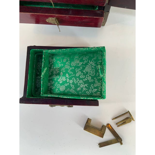 Brown Vintage Chinese Jewelry Box With Carved Hardstone Inserts and Brass Hardware For Sale - Image 8 of 10