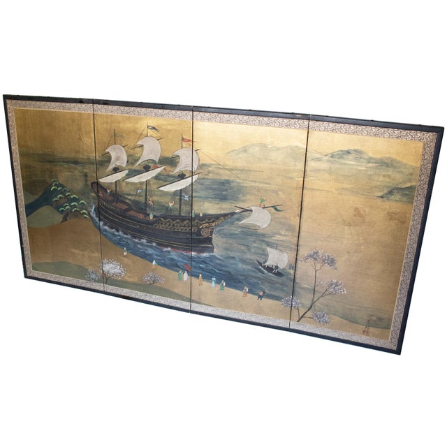 "Nanban Ship at Arrival", Early to Mid Showa Era Japanese Byobu Screen For Sale In Dallas - Image 6 of 18