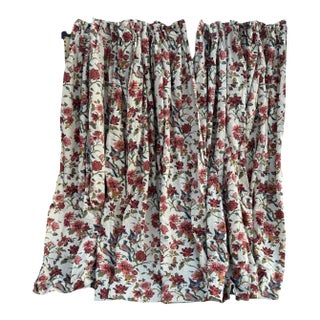 Vintage Lined Linen-Cotton Blend Floral Ans Bird Chintz-Style Floor Length Drapes- Pair For Sale