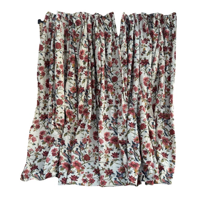 Vintage Lined Linen-Cotton Blend Floral Ans Bird Chintz-Style Floor Length Drapes- Pair For Sale