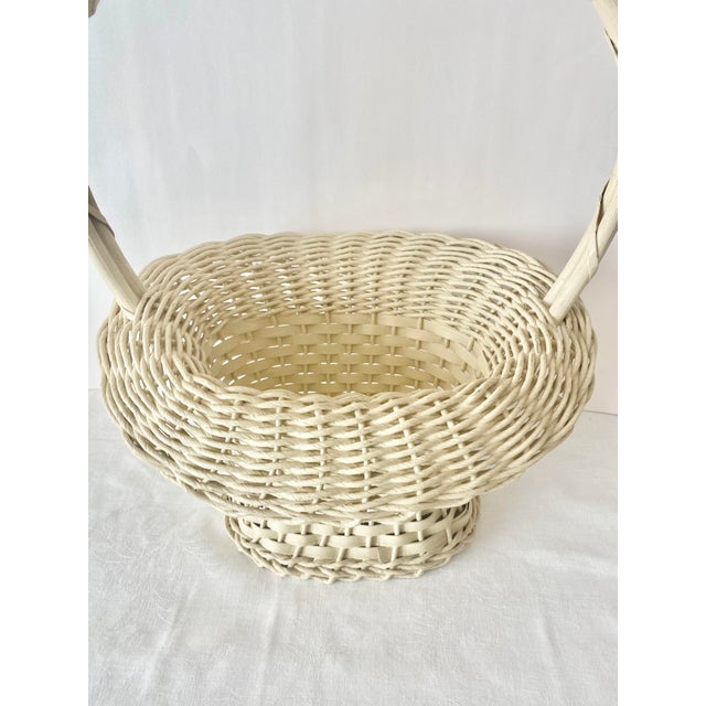 Hand Woven Vintage Uniquely Shaped Basket With Wood Bottom and Handle. For Sale - Image 12 of 14