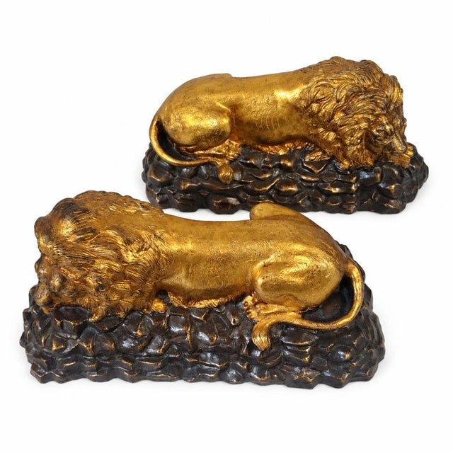 French School Artist, Reclining Lions, Gilded Bronze, Set of 2 For Sale - Image 5 of 9
