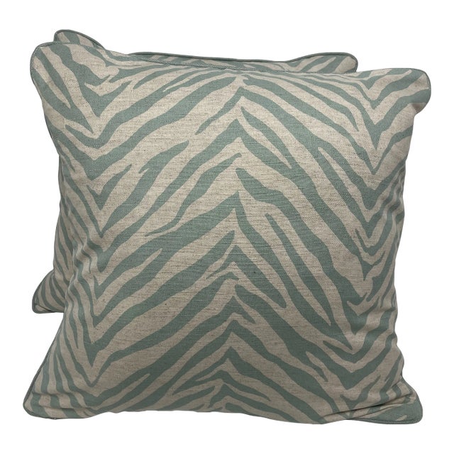 Vern Yip Screenprinted for Trend Light Blue Weathered Zebra Pillows - a Pair For Sale