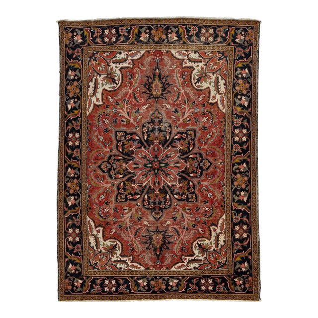 Designed Vintage Persian Heriz Wool Rug in Red For Sale
