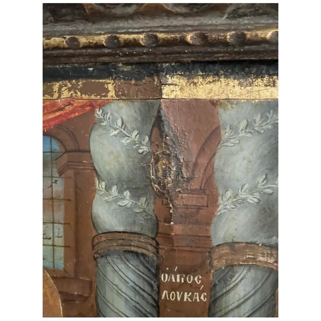Wood Antique Greek Orthodox Icon – St. Luke the Evangelist With Ox, Hand-Painted Tempera Gilded Wood 17.5” X 13” Rare Find For Sale - Image 7 of 10