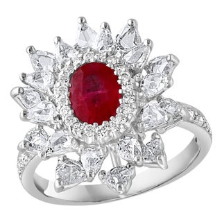 1.1 Carat Natural Oval Ruby and 2 Carat Diamond 18 Karat White Gold Ring S 6.75 For Sale