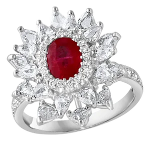 1.1 Carat Natural Oval Ruby and 2 Carat Diamond 18 Karat White Gold Ring S 6.75