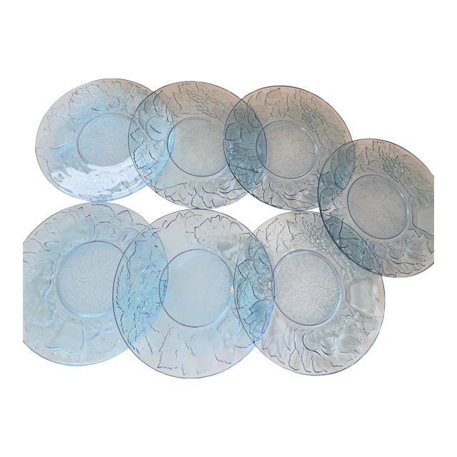 Kig Vintage 10.5" Blue Pressed Glass Grapes and Leaves Tableware Dinner Plates, Set of 7 For Sale