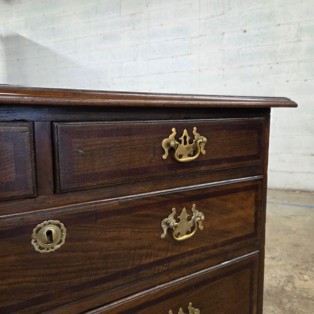 Late 19th Century Georgian Cherry & Oak Banded 5 Drawer Chest With Brass Handles & Escutheons For Sale - Image 4 of 17