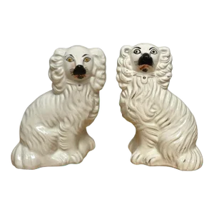 Mid 19th Century Diminutive Antique Staffordshire Black & White Seated Spaniels, C. 1860s - A Pair