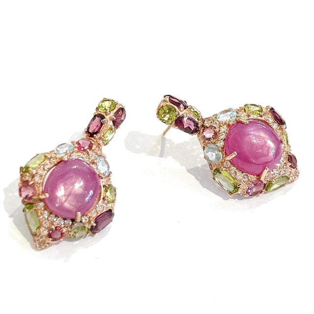 Early 21st Century Bochic "Orient" Vintage Pink Ruby & Blue Topaz Earrings - 18K Gold & Silver For Sale - Image 5 of 18
