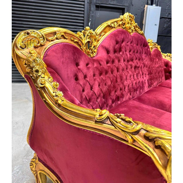 1980s Baroque Style Ruby Red Sofa – French Design With Gold Leaf Details For Sale - Image 9 of 12