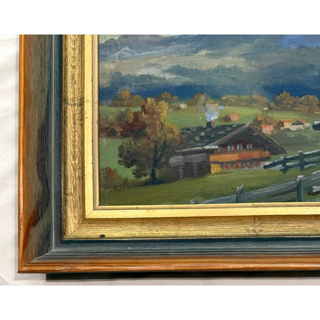 Mid-Century Original European Alpine Village Oil Painting on Board For Sale - Image 4 of 11