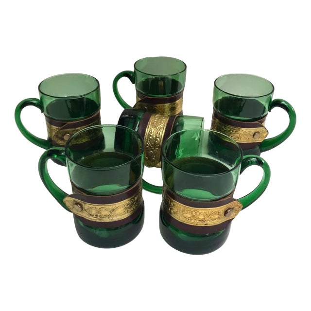 Vintage Emerald Glass Mugs, France, Set of 6 For Sale