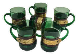 Vintage Emerald Glass Mugs, France, Set of 6
