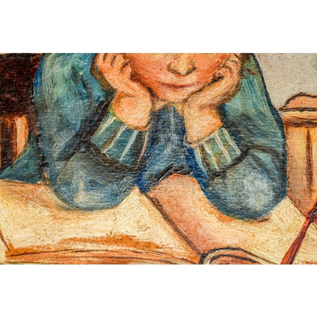 Paper Unusual Antique Framed Oil Painting Portrait Unhappy Student Girl Classroom School For Sale - Image 7 of 11