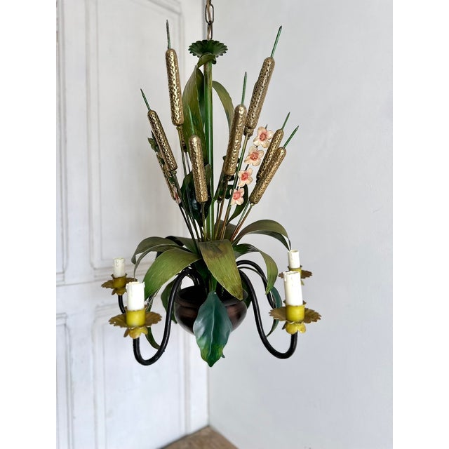 French Country Tole Botanical Five-Light Chandelier with Cattails and Flowers, 1960s For Sale - Image 17 of 17