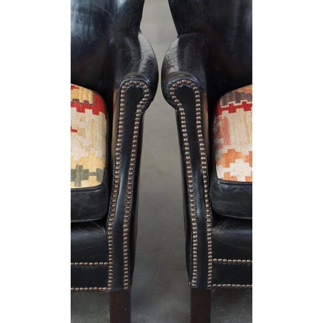 Set of Black Armchairs with Reversible Kilim Seat Cushion For Sale - Image 12 of 18
