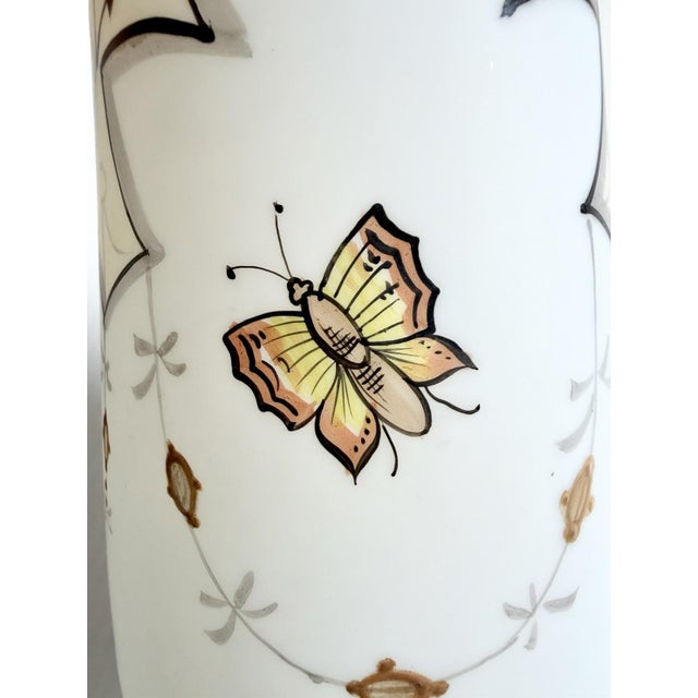 Glass Matching Pair of Antique Bristol Glass Vases With Hand Painted Flowers & Butterflies For Sale - Image 7 of 17