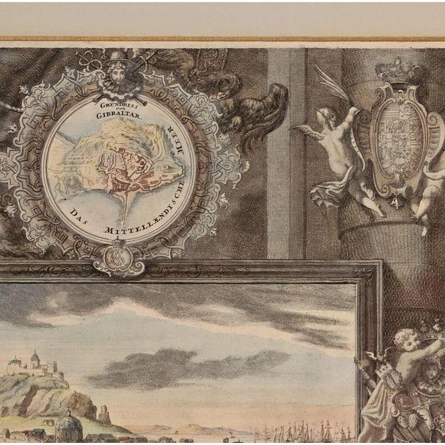 A hand-colored engraving depicting the Battle of Gibraltar in the War of the Spanish Succession, Germany circa 1720.