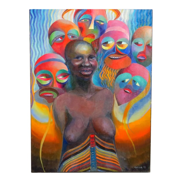 Vintage Original Marek Kossiba Oil on Linen Titled "Masks" Signed and Dated 1972 For Sale