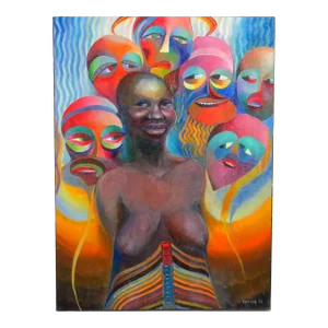 Vintage Original Marek Kossiba Oil on Linen Titled "Masks" Signed and Dated 1972