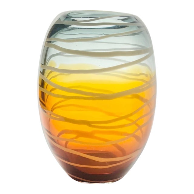 Viterra Gallery Collection Ombré Amber Smokey Gray Barrel Shaped Art Glass Vase For Sale