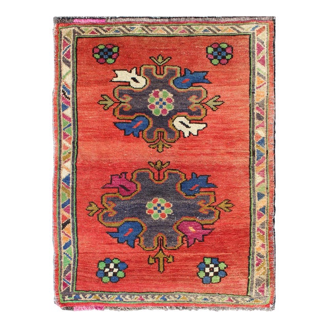 Vintage Turkish Oushak Rug in Red Background and Cheerful Colors For Sale