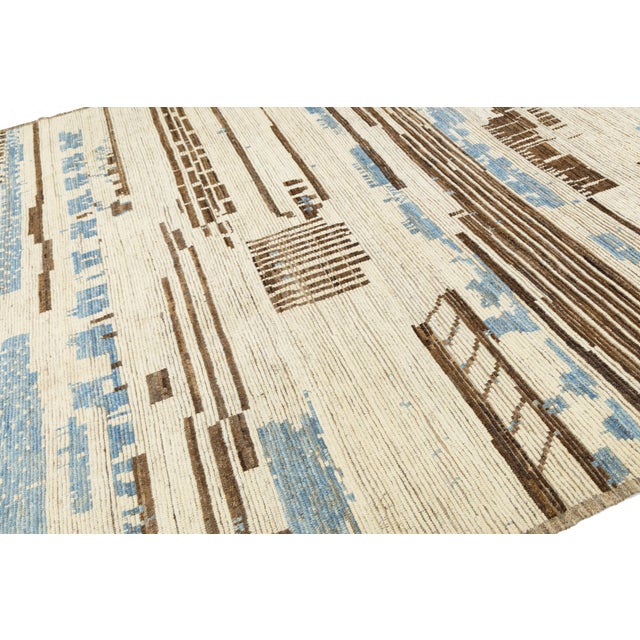 Contemporary Moroccan Style Wool Rug Abstract Cream Field With Blue Accents For Sale - Image 10 of 11