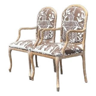 Vintage Regency Carved Faux Bois Fauteuil in Quadrille “China Seas” - A Pair
