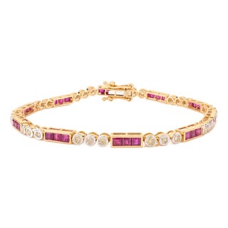 3.42 Ct Square Cut Natural Ruby & Diamond Tennis Bracelet in 14k Yellow Gold For Sale