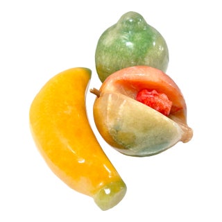 Vintage Hand-Carved Stone Fruit Set – Banana, Peach & Pear Decorative Sculptures For Sale