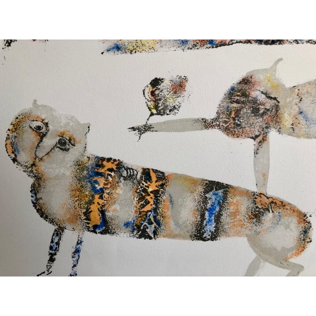 1960s Sakti BurmanContemporary Indian Art Master Lithograph in Color Abstract Figures with Cat, c.1960's For Sale - Image 5 of 6