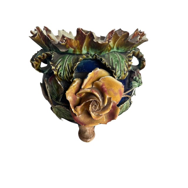 Antique Barbotine Majolica Rose Cachepot For Sale - Image 4 of 7