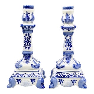 Vintage Delft Style Floral Candlesticks, a Pair For Sale