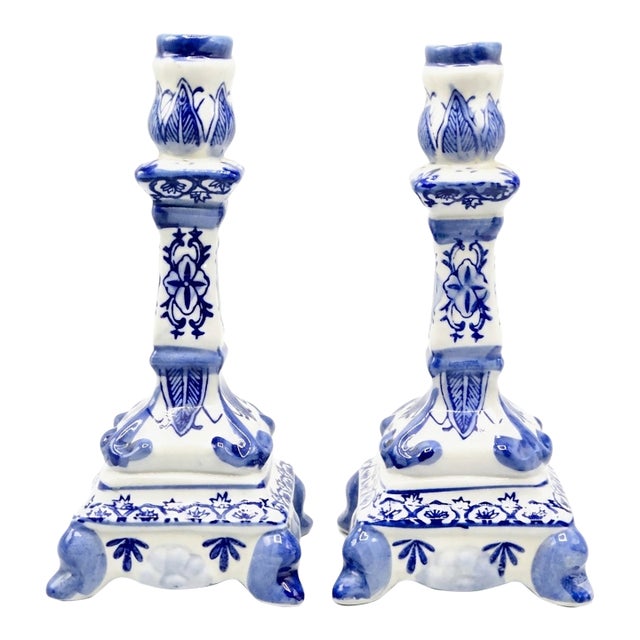 Vintage Delft Style Floral Candlesticks, a Pair For Sale