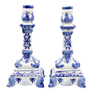 Vintage Delft Style Floral Candlesticks, a Pair