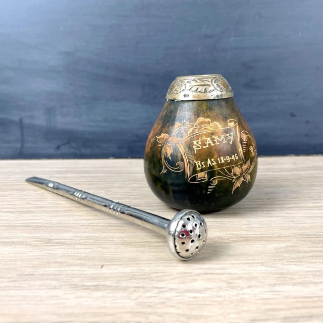 Wood 1940s Vintage Yerba Mate Gourd and Bombilla With Carved Design For Sale - Image 7 of 7