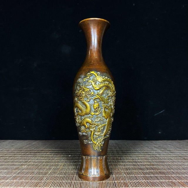 Bronze Pair of Gilt Bronze Vases With Dragon & Phoenix Relief — Dragon-Phoenix Auspicious Motif For Sale - Image 8 of 9