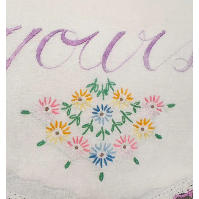 Vintage 1950s Mine and Yours King Size Pillowcases, Hand Embroidered Bridal Linen, Hand Crocheted Scalloped Edge, Heirloom Cotton - a Pair For Sale - Image 4 of 8